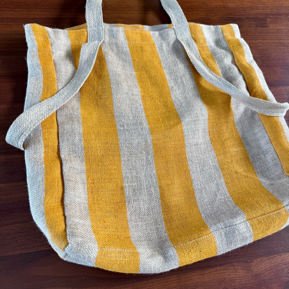 Saardé 100% Natural Woven Jute Market Bag in Mustard Stripe - Beach Pool Tote - Picture 13 of 15